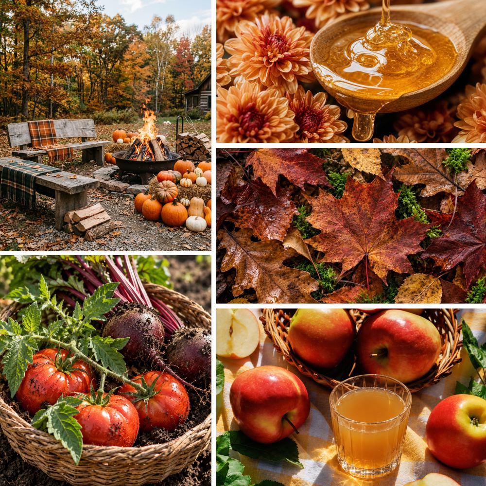 A 5-panel autumn lifestyle collage featuring an outdoor campfire in a forest, honey dripping from a wooden spoon surrounded by flowers, wet fall leaves on the ground, fresh beets and tomatoes in a basket, and apples with a glass of honey.