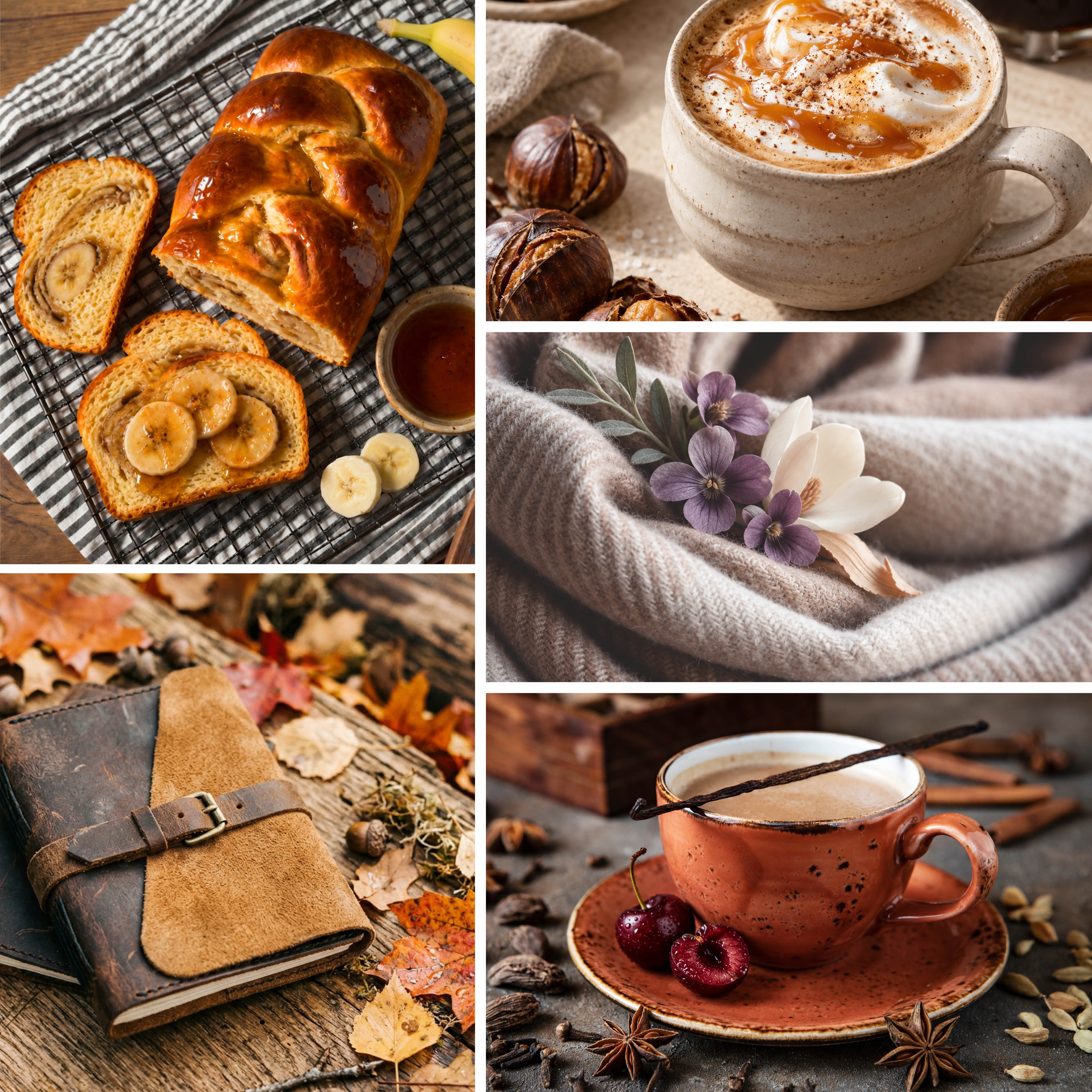 A six-panel autumn-themed collage featuring warm food and lifestyle scenes: banana bread and banana slices, a latte with foam and cinnamon, a beige knit blanket with white and purple flowers, a brown leather journal on a rustic table with fall leaves, and a terracotta cup of coffee on a saucer with star anise and cherries.