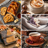 A six-panel autumn-themed collage featuring warm food and lifestyle scenes: banana bread and banana slices, a latte with foam and cinnamon, a beige knit blanket with white and purple flowers, a brown leather journal on a rustic table with fall leaves, and a terracotta cup of coffee on a saucer with star anise and cherries.