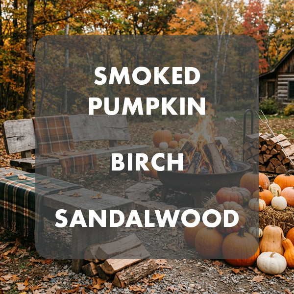 A fall outdoor scene with pumpkins, a fire pit, logs, and a bench in an autumn yard, overlaid with a large semi-transparent dark rectangle containing the text 'SMOKED PUMPKIN BIRCH SANDALWOOD' in white capital letters.