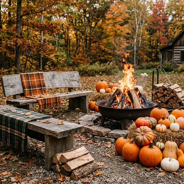 An autumn outdoor campsite scene with two rustic wooden benches draped in plaid blankets, a fire pit filled with flames, stacked firewood, and many orange and white pumpkins on the ground and hay bales, with a forest of colorful fall trees in the background.