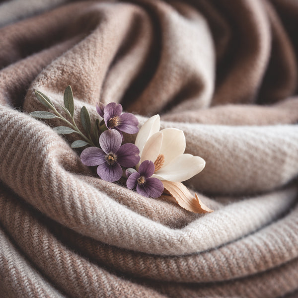 A close-up of soft, draped knit fabric in warm taupe and beige tones, styled with a small floral accent of purple flowers and a cream blossom.