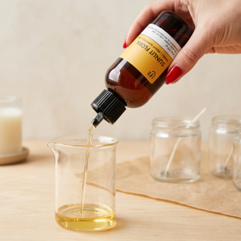 A hand with red nail polish pours a golden fragrance oil from an amber bottle labeled 'SUNLIGHT FLORA' into a clear glass beaker on a wooden table, with blurred glass jars in the background.