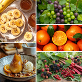 Collage of fruits and desserts including bananas, muscadines, oranges, a pear with ice cream, and berries.