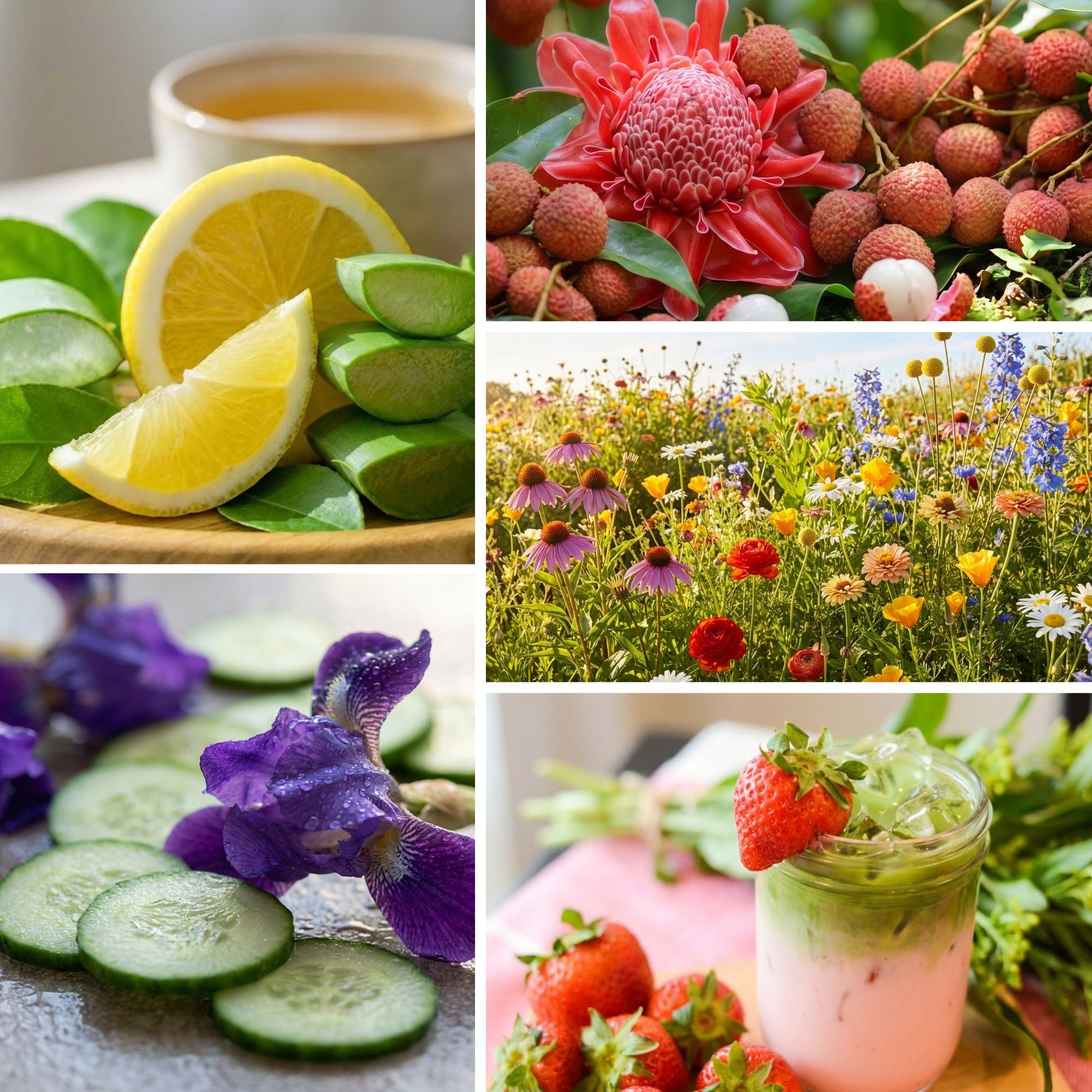 Collage of images including lemon slices, lychees, flowers, a field of wildflowers, cucumber slices, and a strawberry smoothie.