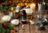 Wooden table with holiday decorations, candle making ingredients, and a Fragrance2U fragrance oil bottle labeled 'Home for the Holidays'.