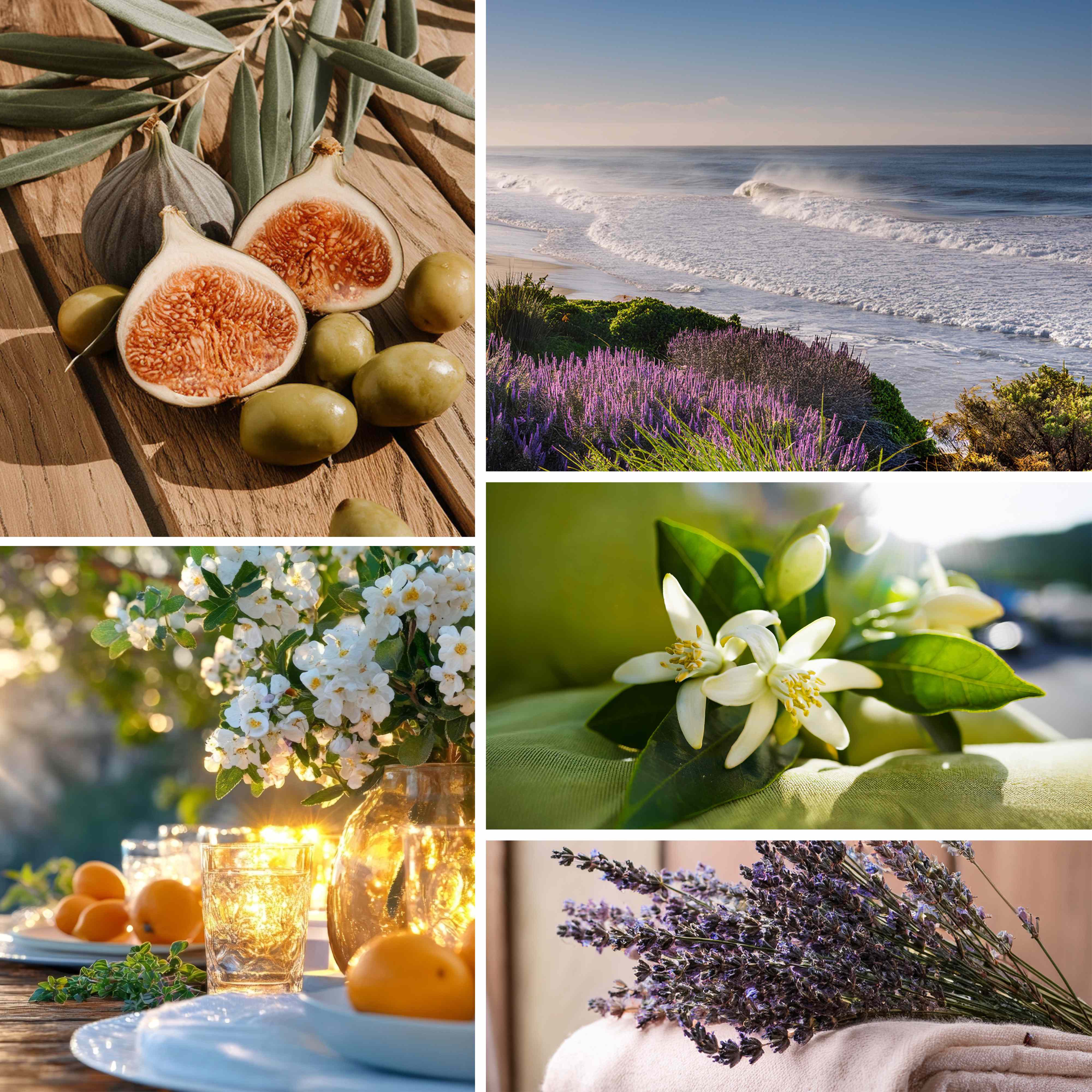 Collage of images including figs, lavender, flowers, and a beach scene.