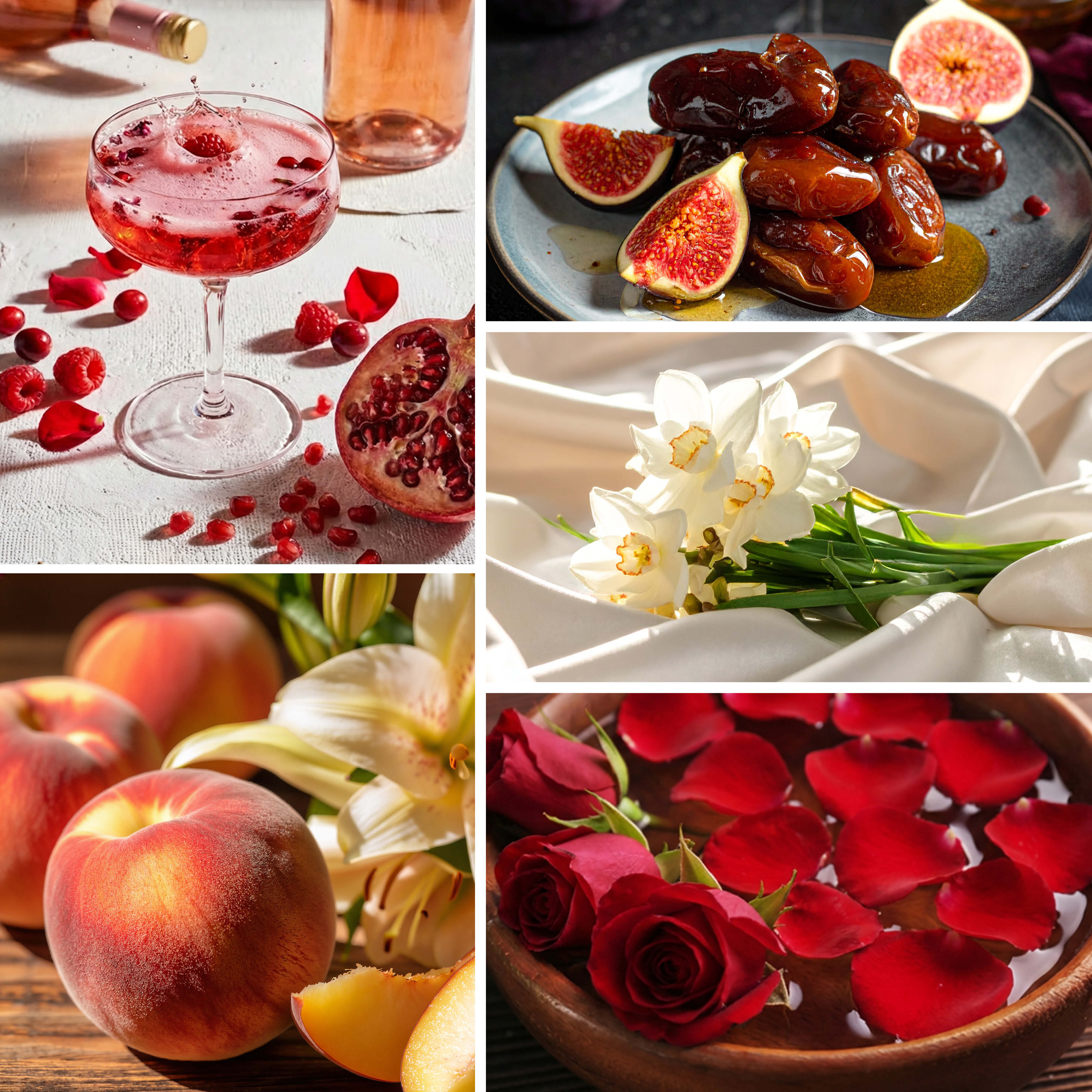 Collage of images including a cocktail, figs with dates, peaches, flowers, and red roses.