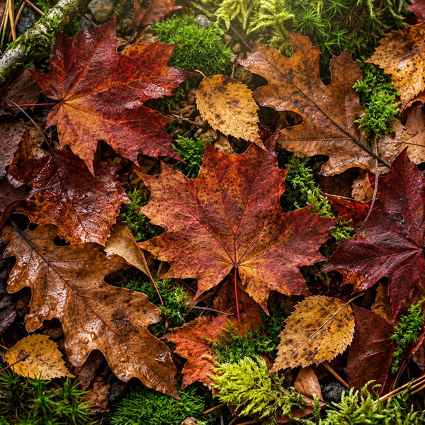 Close-up of wet autumn maple leaves in shades of red, brown, and orange layered over bright green moss on a forest floor.