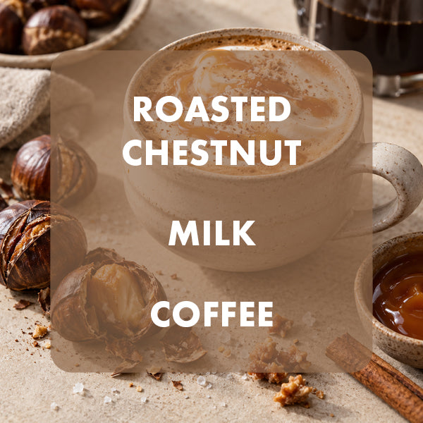 A cup of roasted chestnut milk coffee with creamy latte art, surrounded by whole and cracked chestnuts, a cinnamon stick, and a small bowl of caramel on a beige tabletop. Large white text reads 'ROASTED CHESTNUT MILK COFFEE' over a semi-transparent brown overlay.