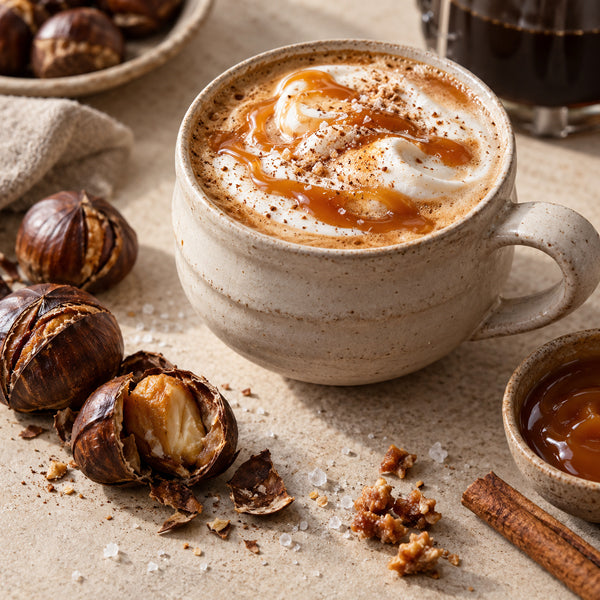 A ceramic mug filled with a caramel-topped hot drink sits on a beige tabletop with roasted chestnuts, a cinnamon stick, coarse salt, and a small dish of caramel. 