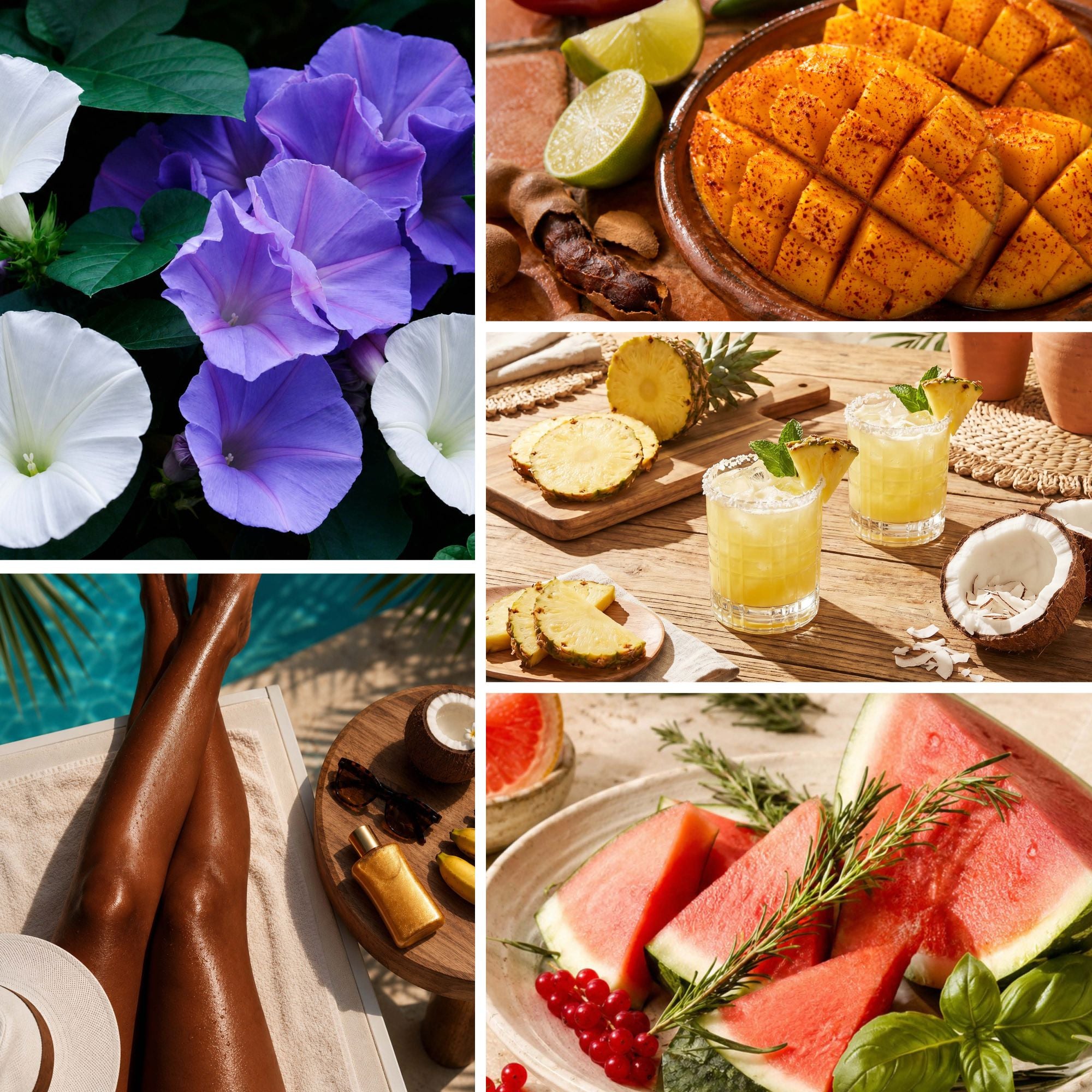 A six-panel collage showing tropical and wellness-themed scenes: purple and white flowers, a plate of cubed orange-yellow food, drinks with lime and pineapple, a person's legs by water with a small serving tray, and watermelon slices with basil and pomegranate.