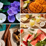A six-panel collage showing tropical and wellness-themed scenes: purple and white flowers, a plate of cubed orange-yellow food, drinks with lime and pineapple, a person's legs by water with a small serving tray, and watermelon slices with basil and pomegranate.