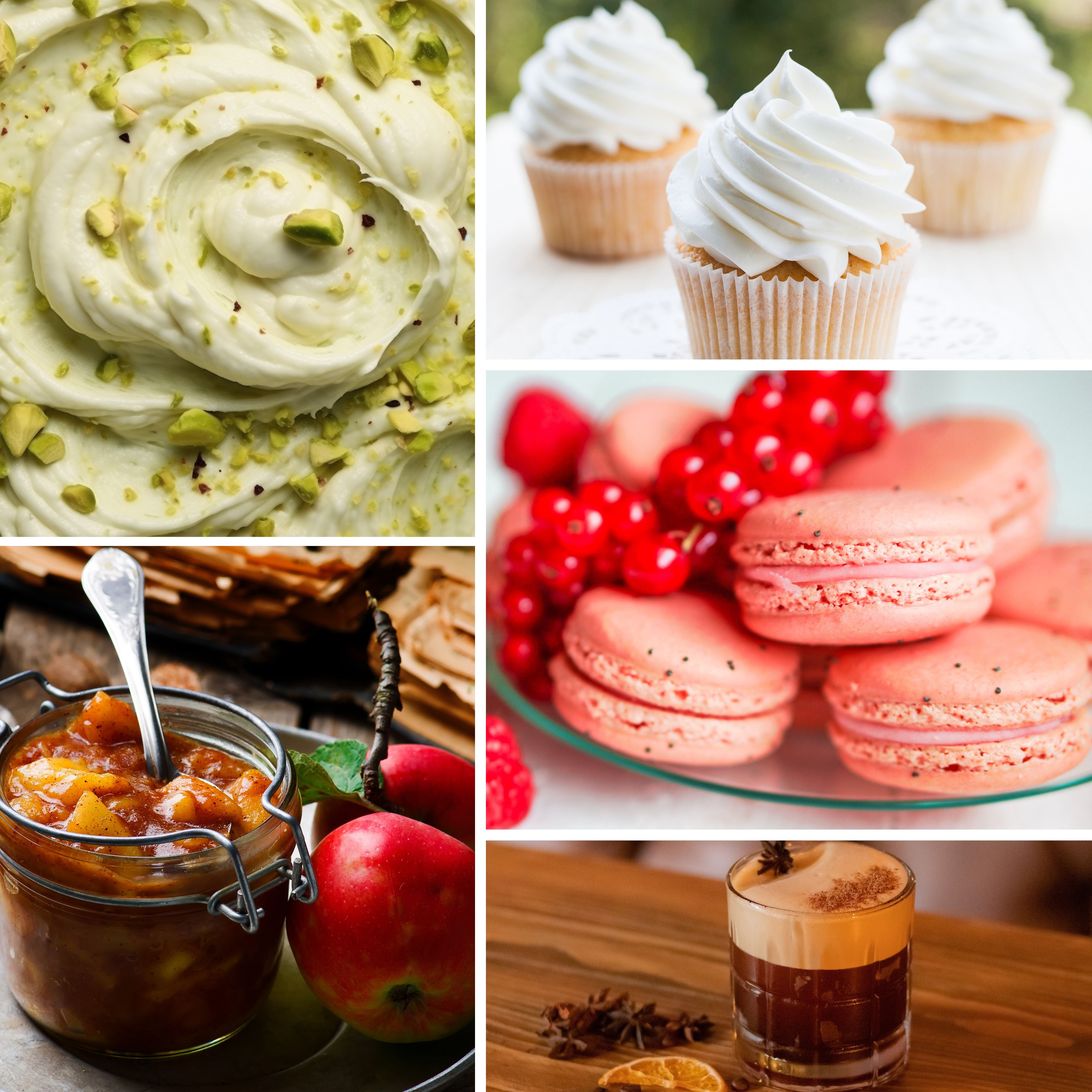 Collage of various desserts including whipped cream, macarons, jam, and a coffee drink.