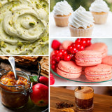 Collage of various desserts including whipped cream, macarons, jam, and a coffee drink.
