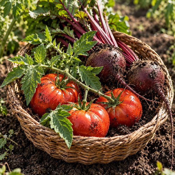 A woven basket filled with freshly harvested red tomatoes and purple beets with green leafy tops, set in dark garden soil.
