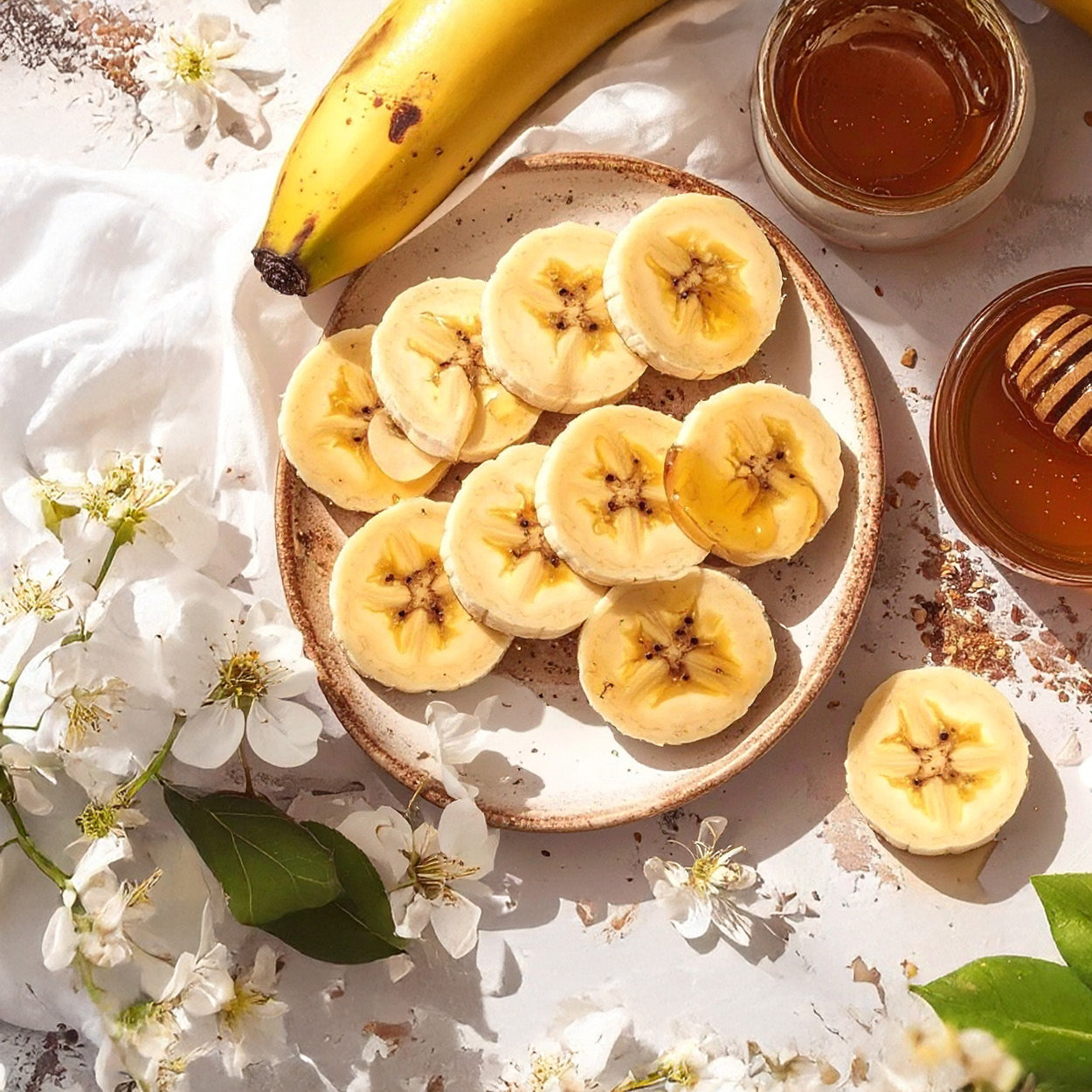 Sliced bananas on a plate with flowers and honey on a light background