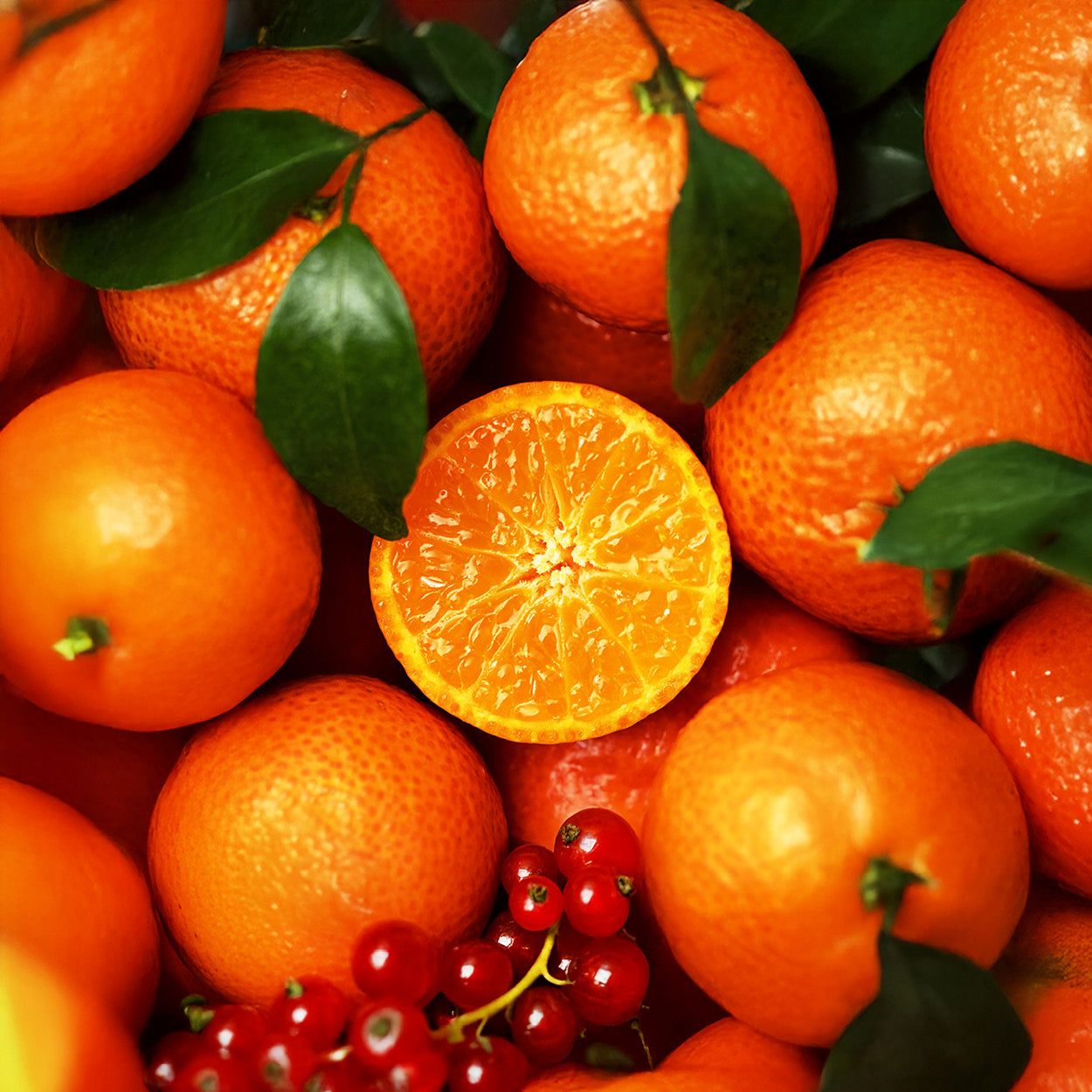 Oranges with one sliced open, surrounded by red berries, on a green leafy background.