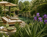 Relaxing outdoor setting with lounge chairs, umbrella, pool, and garden flowers.