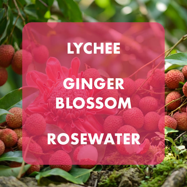 Lychees and ginger blossoms with text overlay on a natural background
