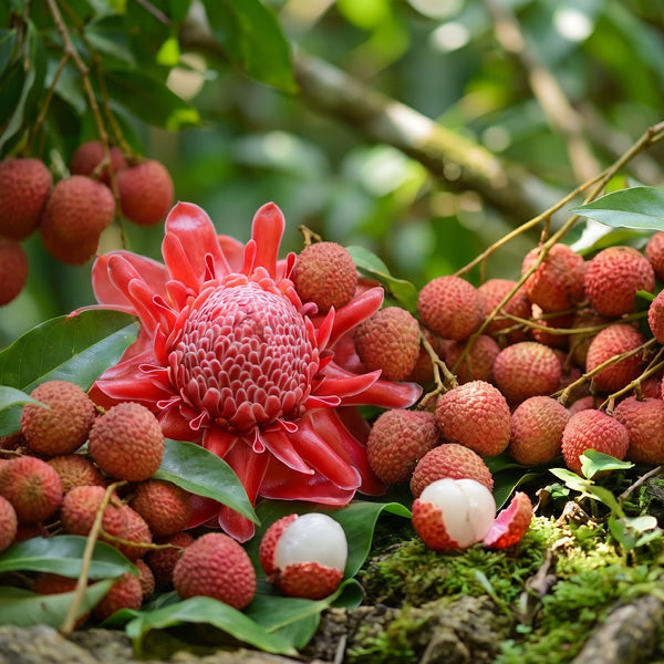 Close-up of lychee fruit with a large pink ginger flower on a natural background