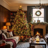 Living room decorated for Christmas with a large tree, presents, and fireplace.