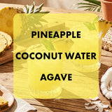 A tropical-themed graphic with the text 'PINEAPPLE COCONUT WATER AGAVE' over two glasses of yellow drink, surrounded by pineapple, coconut, and a wooden surface.