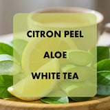 Citron peel, aloe, and white tea with text overlay on a green background
