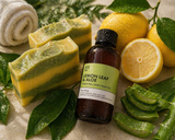Lemon leaf and aloe fragrance oil with lemons and aloe vera on a light background