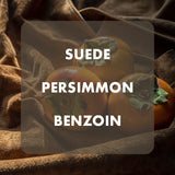 Three persimmons on a suede surface with 'Suede Persimmon Benzoin' text overlay.