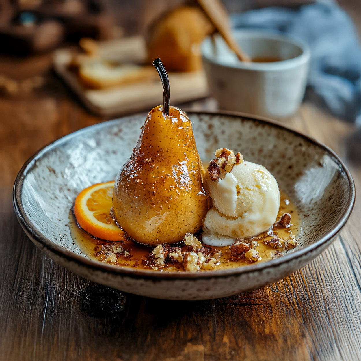 Pear dessert with ice cream and honeycomb on a rustic wooden table