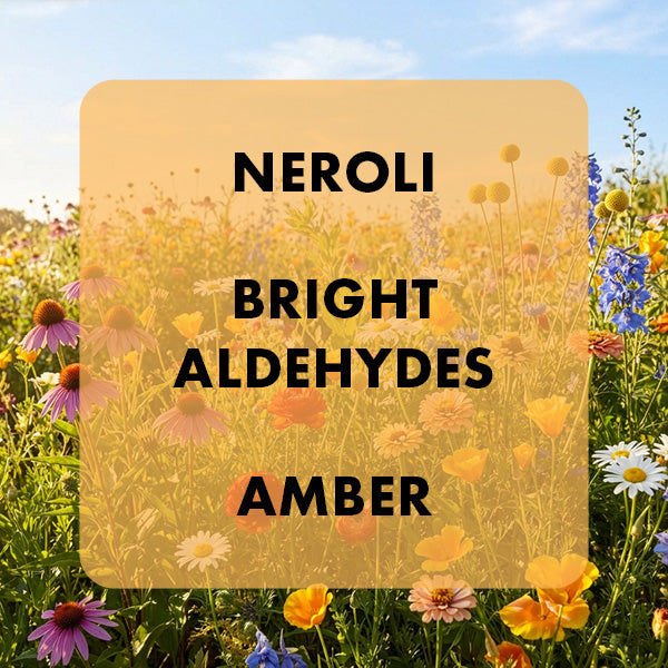 Floral background with text overlay 'Neroli', 'Bright Aldehydes', 'Amber' on a yellow square.