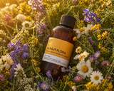 Bottle of Sunlit Flora fragrance oil in a field of wildflowers