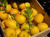 Box of lemons with green leaves on a dark background